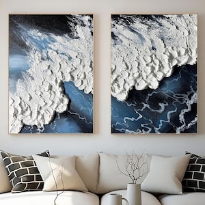 Set of 2 Large 3D Textured blue Ocean Wall Art Original Style sea wave Painting on Canvas white Wave Decor Unique Wabi-sabi Living Room Art