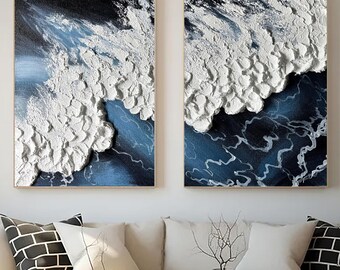 Textured Ocean Wave Painting Set, Blue and White Wabi-Sabi Canvas Art