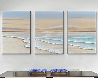 Set of 3 Ocean Canvas Painting, 3D Textured Seascape, Boho Wabi-Sabi Wall Art