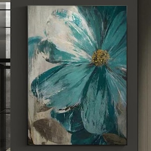 Original Green Flower Oil Painting on Canvas, Abstract Floral Painting, Boho Wall Art, Modern Floral Acrylic Painting Living Room Wall Decor