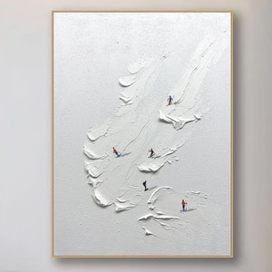 Skier on Snowy Original Ski Sport Painting on Canvas Custom Painting Texture Wall Art Personalized Gift Mountain Art White Snow Skiing Art