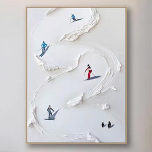 Original Ski Sport Painting on Canvas Custom Painting Texture Wall Art Personalized Gift Skier on Snowy Mountain Art White Snow Skiing Art