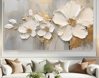 Textured White Flower Oil Painting on Canvas, 3D Floral Wall Art