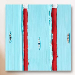 Large Blue Texture Painting Swimming Textured Art Minimalist Tiny Swimmers Painting Swimmers Gift Summer Swimming Competition Wall Art