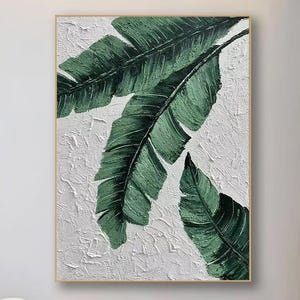 Lienzo con textura de hojas verdes, arte de pared verde, pintura de paisaje de hojas minimalistas enmarcada, pintura con textura 3D, arte de pared bohemio para sala de estar