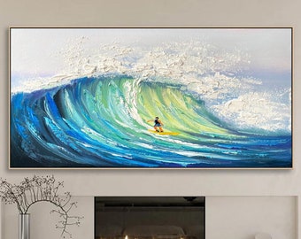 Original Surf Painting on Canvas: Blue Ocean Wave Art