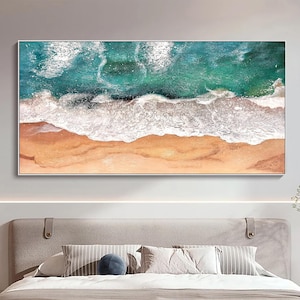 Large 3D Textured Ocean Painting Acrylic Framed Green Beach Painting Abstract Blue Sea Wall Art Coastal Wall Art Beach Canvas Art Wall Decor