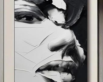 Textured Black and White Face Oil Painting, Framed Abstract Art