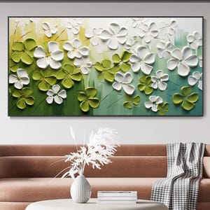 Pintura al óleo de paisaje de hojas verdes grandes sobre lienzo, arte de pared con hojas verdes y blancas en 3D, pintura con textura verde, decoración bohemia para sala de estar.