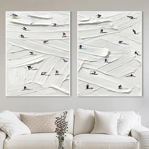 Set of 2 Original Ski Sport Painting on Canvas Custom Painting Texture Wall Art Christmas time Personalized Gift Skier on Snowy Mountain Art