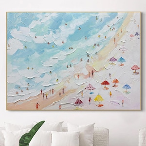Crowds on the Shore Painting Happy Coast Painting Swimming Painting Custom Painting Texture Wall Art Personalized Gift Summer Art Costal Art
