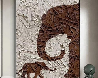 Minimalist Elephant Painting on Canvas, Abstract Wabi-Sabi Wall Art