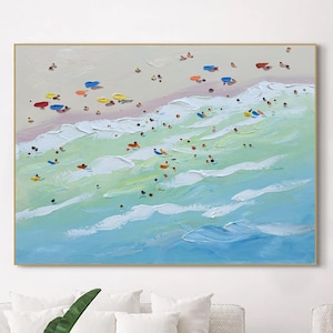 Happy Coast Painting Swimming Painting Custom Painting Texture Wall Art Personalized Gift Summer Art Costal Art Crowds on the Shore Painting