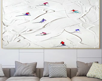 Skiing Art, Original Painting on Canvas, Snowy Mountain Texture Art