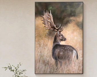 Gran pintura al óleo de ciervo abstracto sobre lienzo, arte de pared de lienzo de ciervo original y pintado a mano, pintura de animales moderna para sala de estar y dormitorio