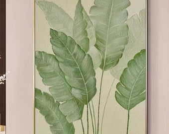 Green Leaves Painting on Canvas, Minimalist Textured Wall Art