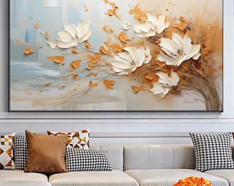 Textured White Flower Oil Painting, 3D Floral Canvas Art