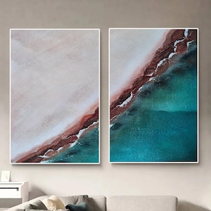 Set of 2 Original Beige Coastal Painting Large Green Ocean Landscape Wall Art Framed Ocean Wave Canvas Painting 3D Abstract Beach Art Decor