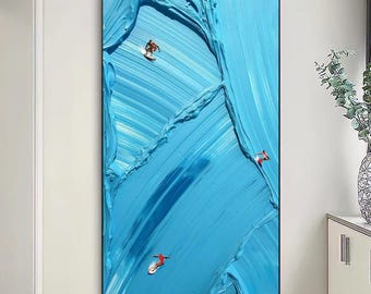 Happy Coast Painting Swimming Painting Texture Surfing Wall Art Personalized Gift Custom Art Beach boating Art Crowds on the Shore Painting
