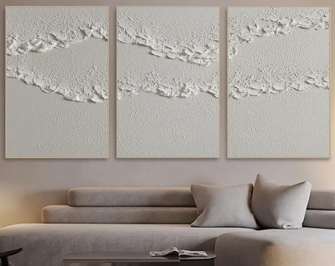 Picture of Original 3D White Minimalist Textured Wall Art Triptych Ocean Wave ...
