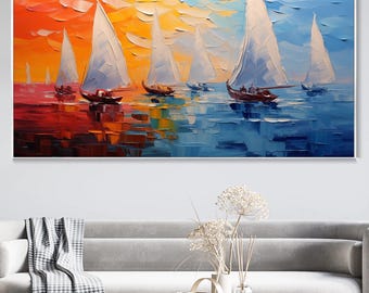 Colorful Sailboat Oil Painting on Canvas, Nautical Harbor Landscape