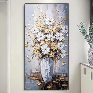 Large White and Gold 3D Floral Canvas Painting, Elegant Wall Art, Modern Botanical Home Decor, Textured Wall Art Unique Gift for Art
