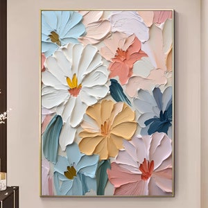 Flower Oil Painting on Canvas, Bohemian Artist Outfit Blooming Flower Botanical Landscape Art Living Room Decor Painting Wall Decor Painting