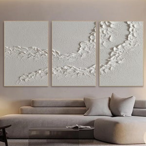 3er Set Original 3D Meereswellen Gemälde auf Leinwand eingerahmt Gips Stil strukturierte Wandkunst Wabi-Sabi Wohnzimmer Dekor Boho Wandkunst