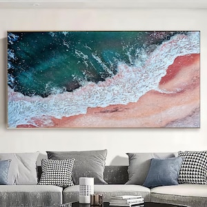 Large 3D Textured Coastal Wall Art Framed Green Beach Painting Sea Acrylic Painting Abstract Ocean Wall Art Beach Canvas Painting Wall Decor