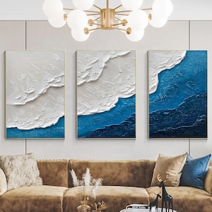 Set of 3 Original Ocean Wave Oil Painting On Canvas, Abstract Minimalist Wall Art Painting, Custom Blue Sea Wall Art Living Room Decor