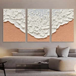 Set of 3 Framed 3D White Ocean Waves Painting on Canvas Earth Tone Art Style Textured Wall Art Wabi-Sabi Living Room Decor Boho Wall Art