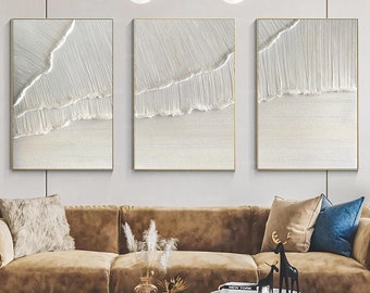 Set of 3 White 3D Ocean Wave Textured Paintings, Minimalist Canvas Wall Art