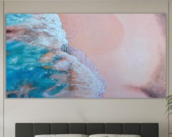 Textured Blue Ocean Painting on Canvas, 3D Wall Art