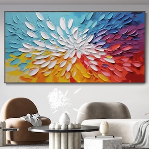Large 3D Textured Floral Wall Art on Canvas Multicolored Textured Wall Art Luxurious Modern Expressionist Palette Knife Living Room Wall Art