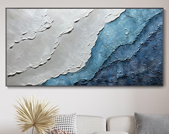 Textured Ocean Painting on Canvas, Minimalist Blue Waves Wall Art