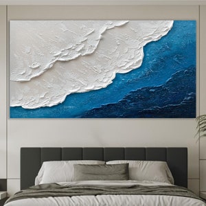 Original Ocean Wave Oil Painting On Canvas, Large Wall Art, Abstract Minimalist Painting, Custom Blue Sea Wall Art Living Room Decor Gift