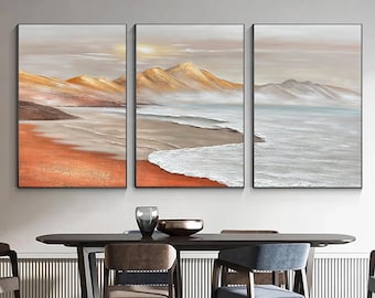Set of 3 Minimalist 3D Textured Ocean Canvas Paintings, Earth Tone Wabi-Sabi Wall Art