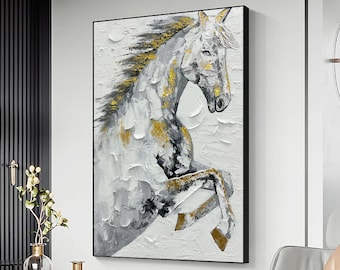 大草原を駆け抜ける8頭の馬 手描きの油絵 28 x 55インチ 家族愛の