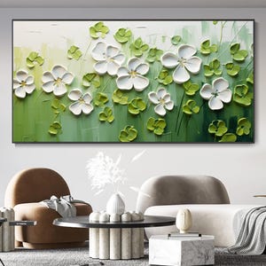 Pintura al óleo original de paisaje de hojas verdes sobre lienzo, arte de pared con hojas verdes y blancas en 3D, pintura con textura verde, decoración bohemia para sala de estar.