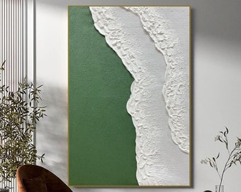 Green Coastal Painting, Textured Ocean Waves, 3D Plaster Wall Art