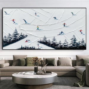 Original Ski Sport Painting on Canvas Custom Painting Texture Wall Art White Snow Skiing Art Skier on Snowy Mountain Art Skier Art Painting