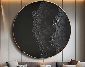 Textured Black Circle Painting, 3D Minimalist Plaster Wall Art