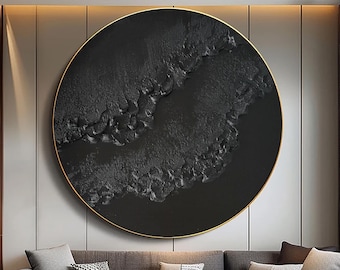 Textured Black Circle Painting, Minimalist 3D Wabi-Sabi Wall Art