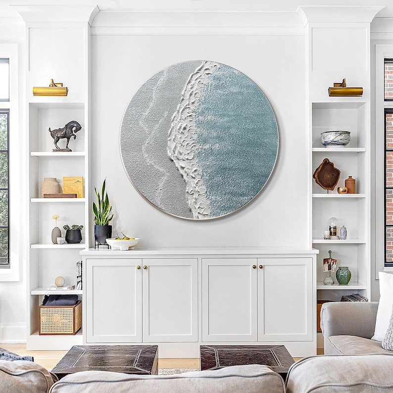 3D Textured Coastal Wall Art Circle Wave Painting Framed Blue Beach ...