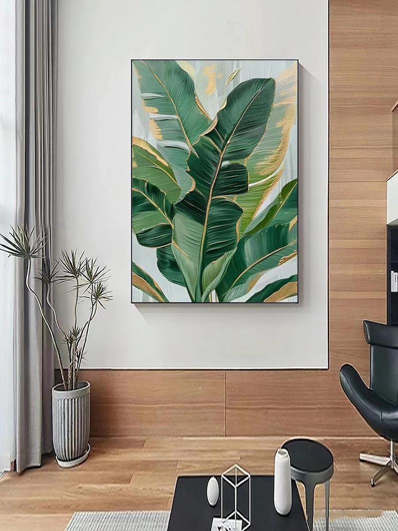 Large Green Leaf Textured Painting on Canvas Green Minimalist Wall Art