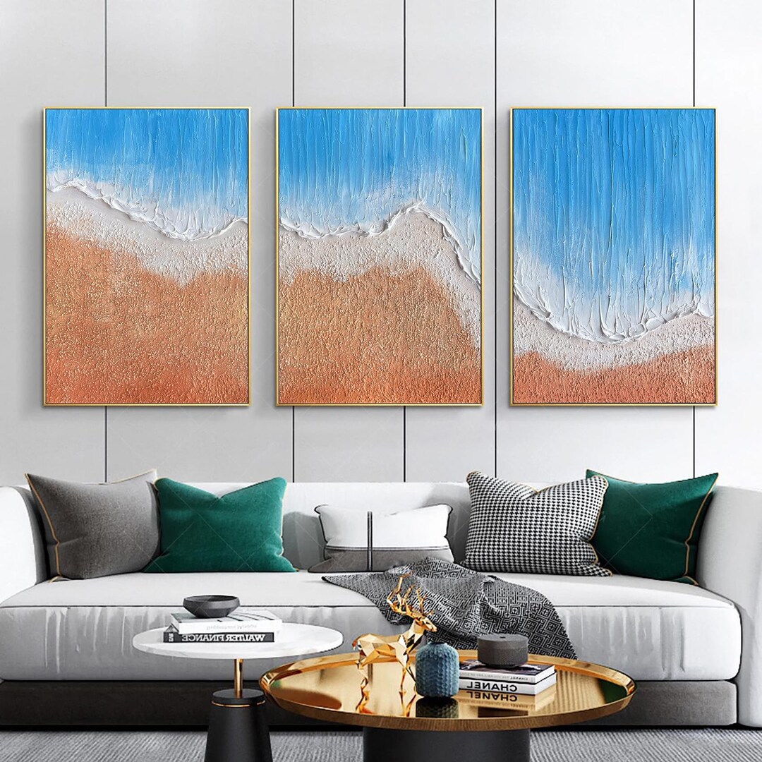 Set of 3 3D Minimalist Blue Ocean Painting on Canvas Earth Tone Waves ...