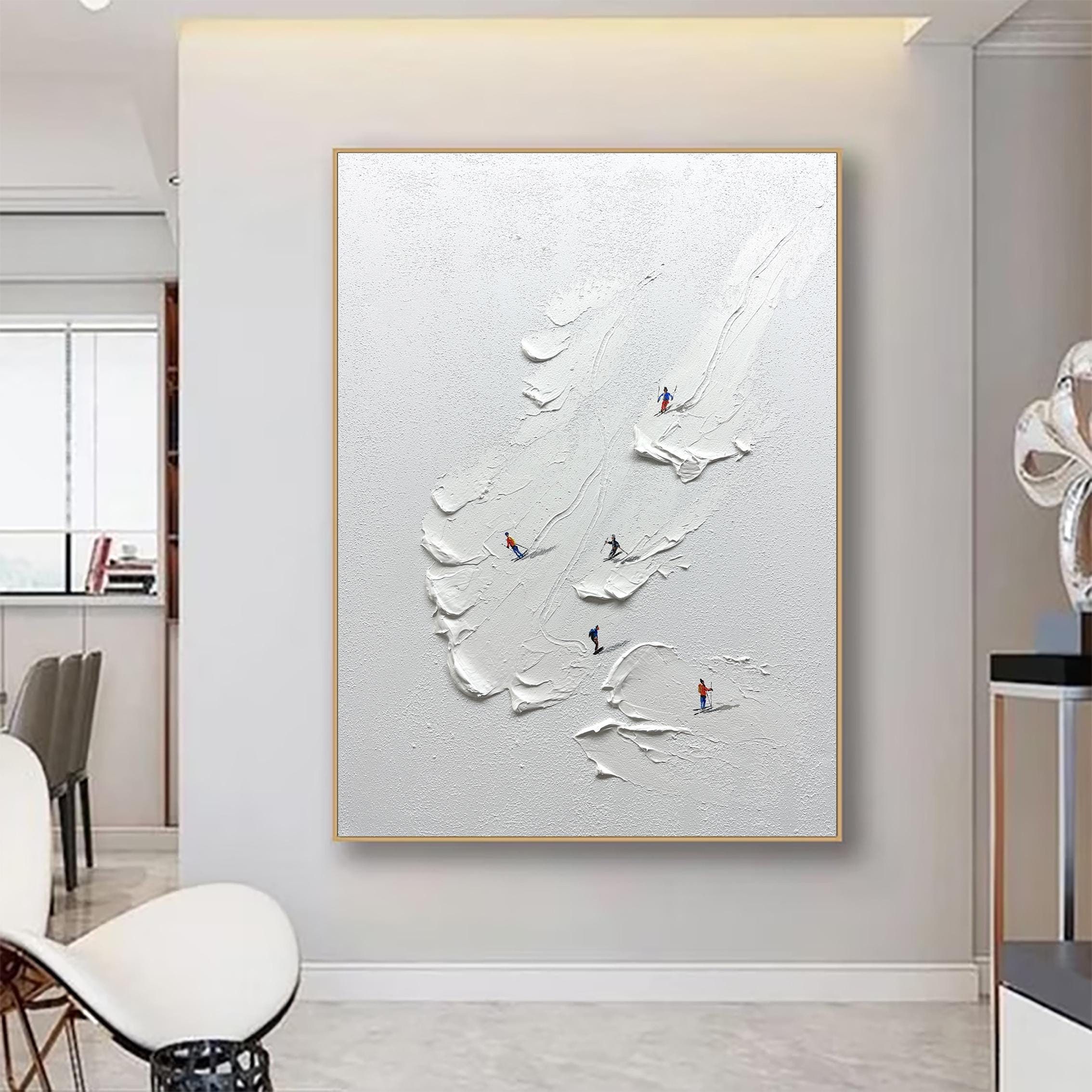 Skier on Snowy Original Ski Sport Painting on Canvas Custom Painting Texture Wall Art Personalized Gift Mountain Art White Snow Skiing Art