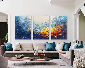 キャンバスに描かれた大きなオリジナル油絵、青い空とカラフルな森の絵、リビングルームの壁アート、手描きの重厚な質感のインパスト絵画　アートパネル 壁掛け インテリア モダン 絵画 おしゃれ デコレーション il_1080xN.6179332296_iok8.jpg
