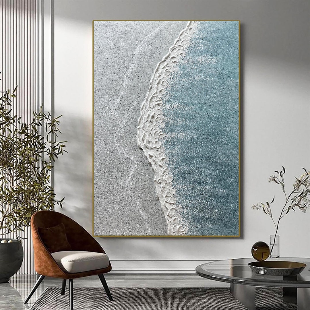 Picture of Large 3D Textured Coastal Wall Art Wave Painting Framed Blue Beach Wall ...