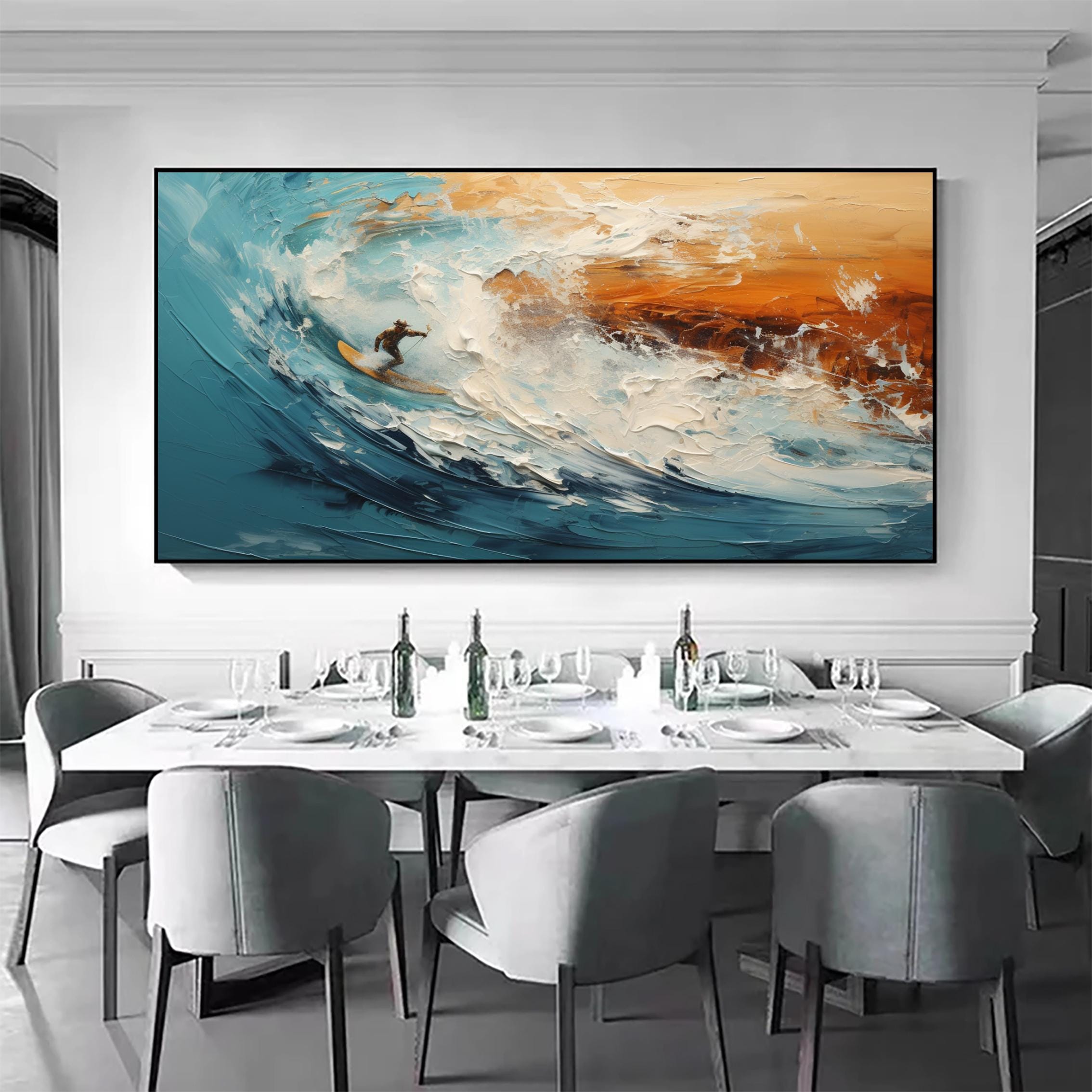 Quadro Astratto Onda Texture Gesso 150x75 Cm - Dipinto A Mano Su Tela, Cornice Oro, Decorazione Parete Per Soggiorno, Camere, Ufficio